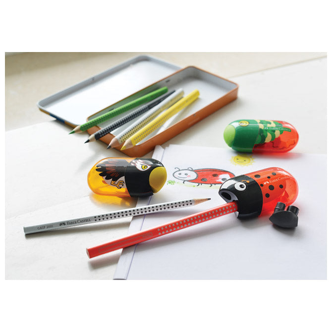 ŠILČEK-RADIRKA PVC S PVC ŠKATLO 2LUKNJI PIKAPOLONICA FABER CASTELL 183526 RDEČA/ČRNA