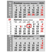 KALENDAR ZIDNI TRODIJELNI SIVI NESPIRALIRANI