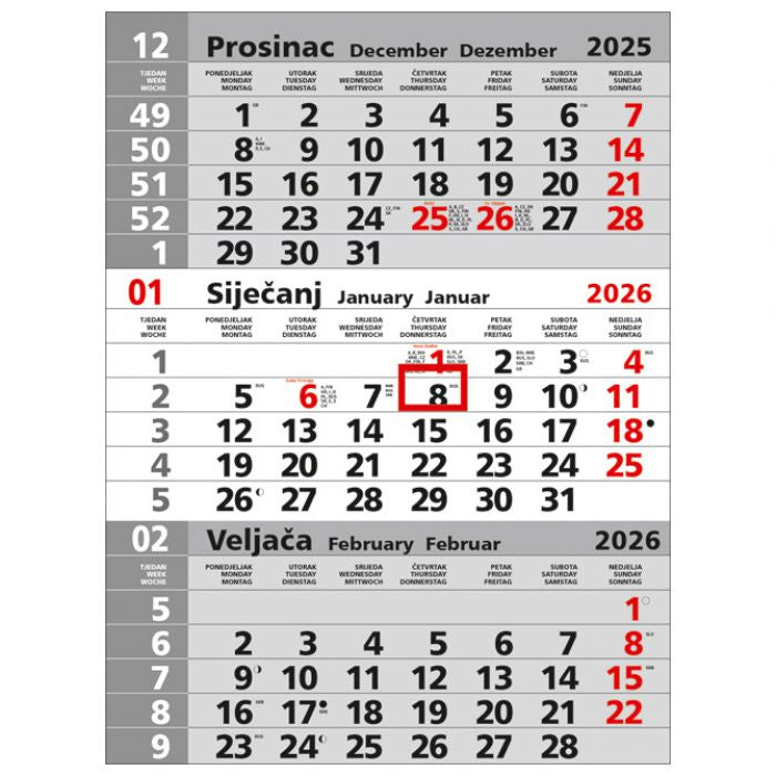 KALENDAR ZIDNI TRODIJELNI SIVI NESPIRALIRANI