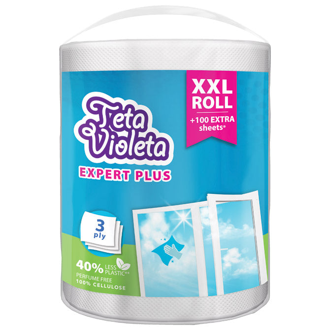 Papirnata brisača, trislojna, za steklo EXPERT PLUS, 290 listov, Teta Violeta XXL
