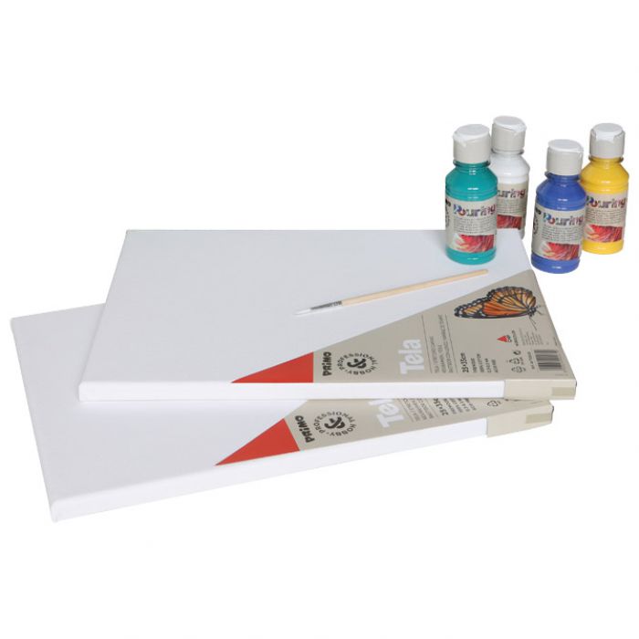 SET BOJA AKRILNA ZA TEHNIKU IZLIJEVANJA 100ML 4BOJE POURING PLUS 2PLATNA PLUS KIST PRIMO PAINTSET3