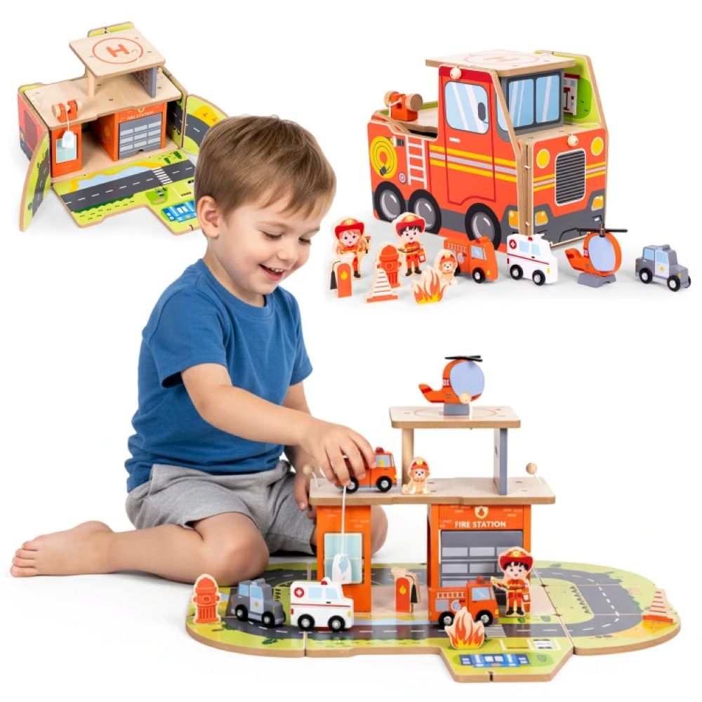 Ecotoys drveni set za vatrogasnu postaju, garaža s dodacima