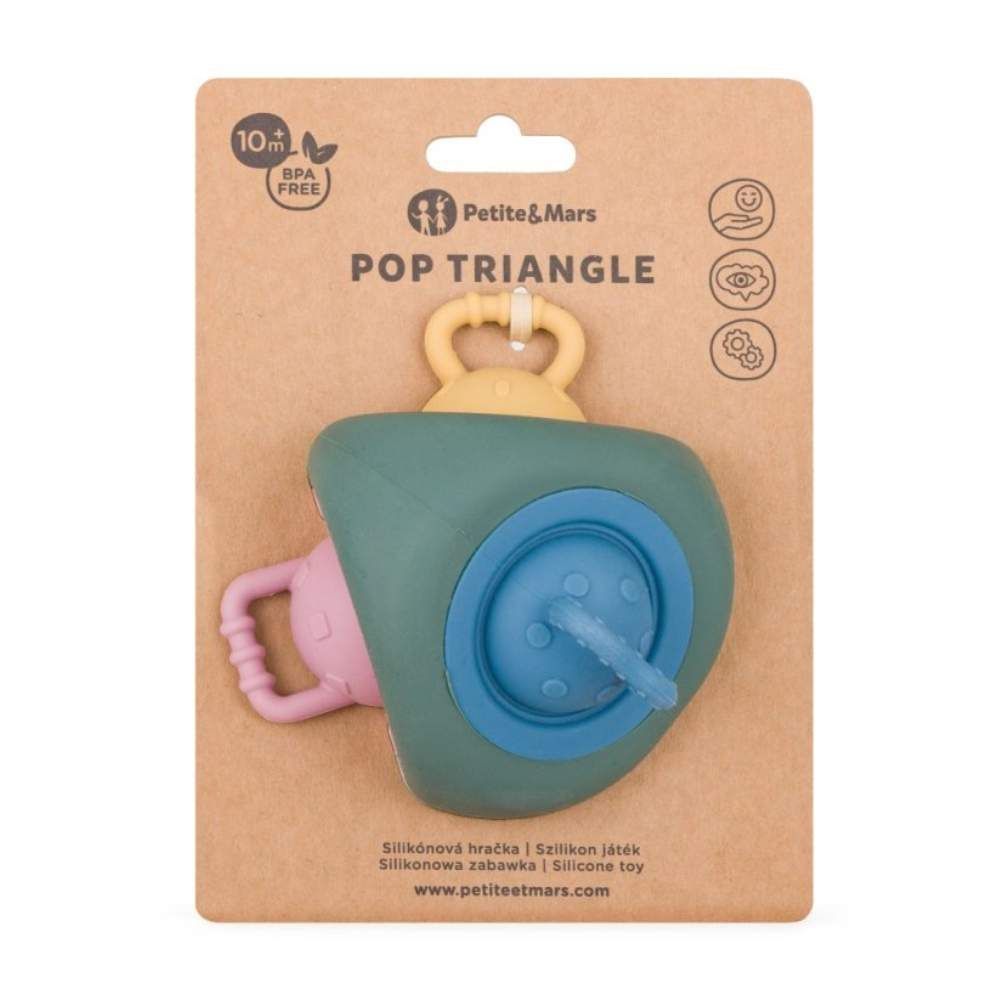 PETITE&MARS Silikonska senzorna igračka Pop Triangle 10 m+, Misty Green