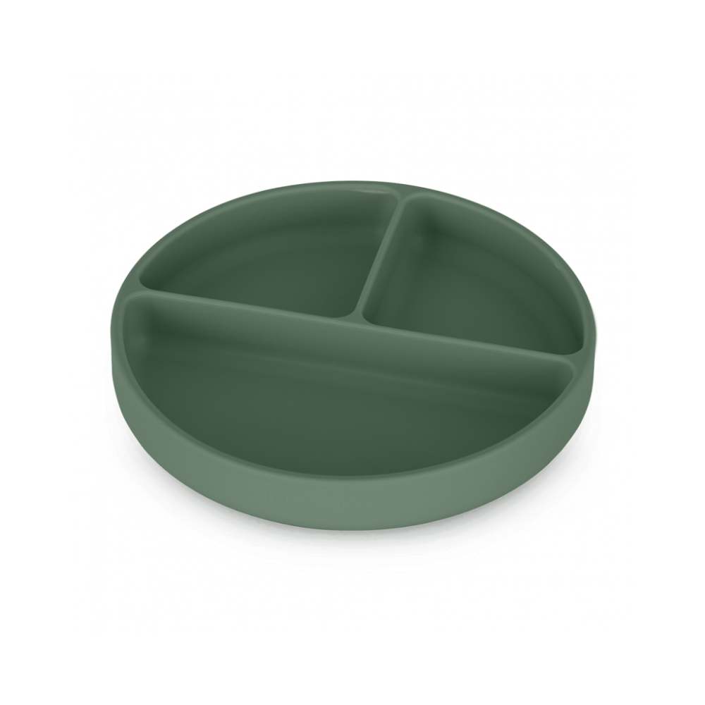 PETITE&MARS Silikonski okrugli tanjur s odjeljcima i vakuumom 6 m+ Take&Match - Misty Green