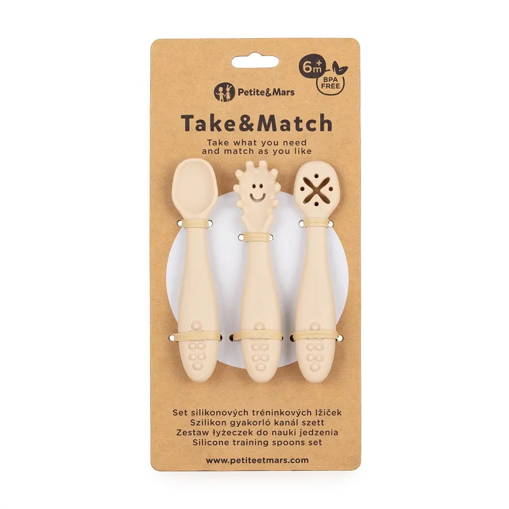 PETITE&MARS Silikonske žlice za trening od 3 kom 6 m+ Take&Match, Desert Sand