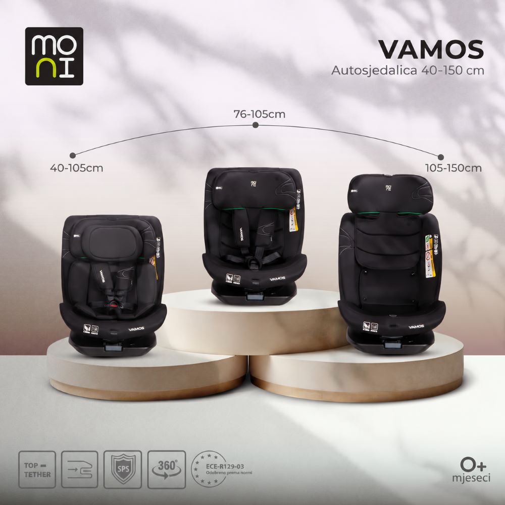 Moni Vamos autosjedalica i-Size 0-36 kg (40-150 cm) 360, crna