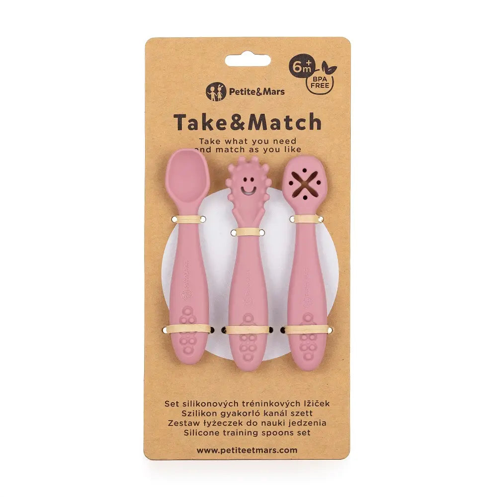 PETITE&MARS Silikonske žlice za trening od 3 kom 6 m+ Take&Match, Dusty Rose
