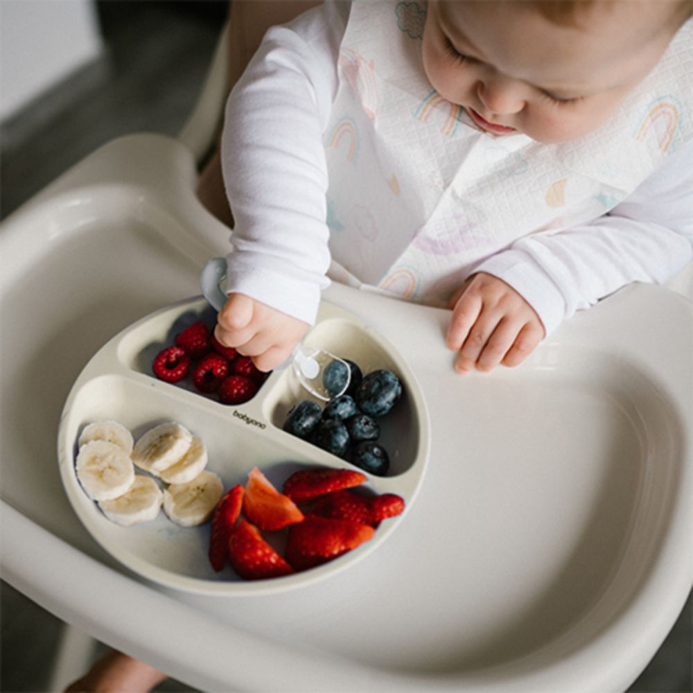BabyOno Silikonski okrugli tanjur s odjeljcima i vakuumom 6 m+ - Bež