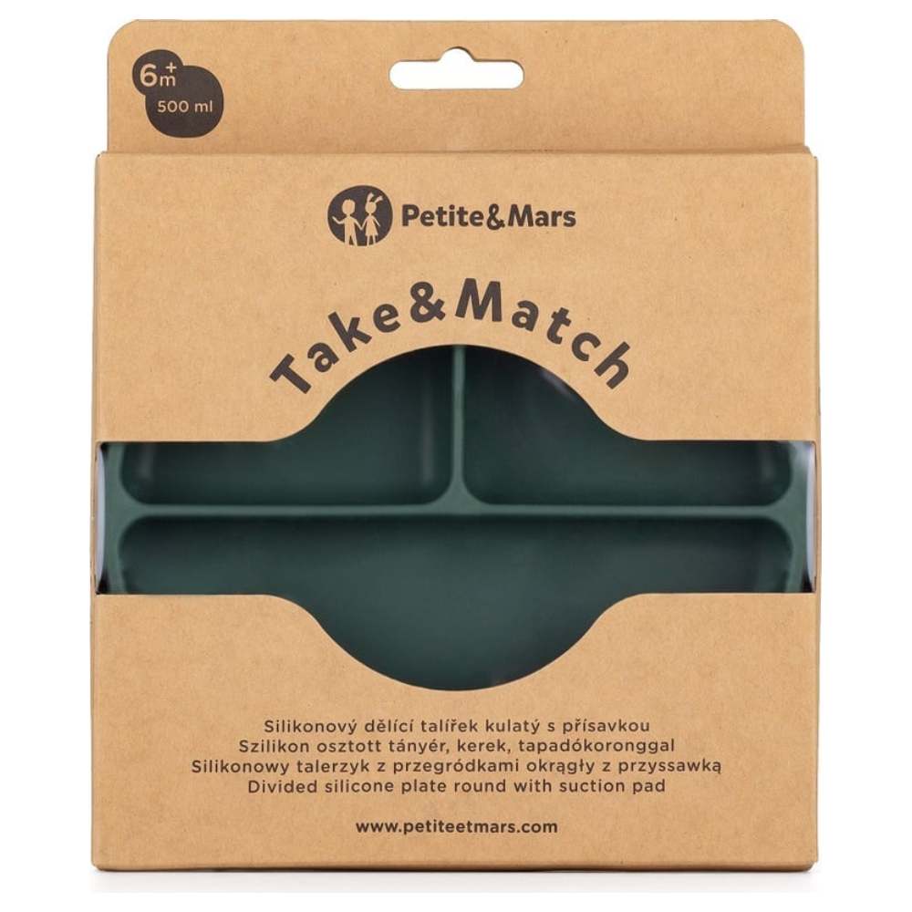 PETITE&MARS Silikonski okrugli tanjur s odjeljcima i vakuumom 6 m+ Take&Match, Misty Green