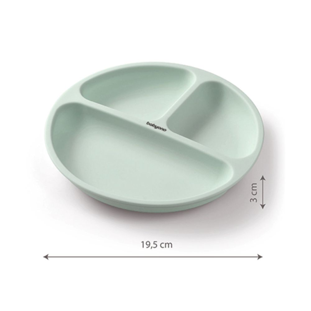 BabyOno Silikonski okrugli tanjur s odjeljcima i vakuumom 6 m+ - Mint