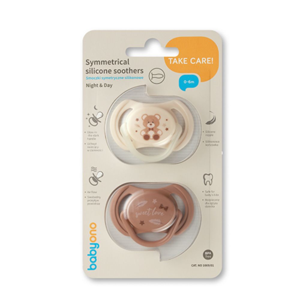 BabyOno Ortodontska simetrična duda GLOW 0-6 mj, 2 kom
