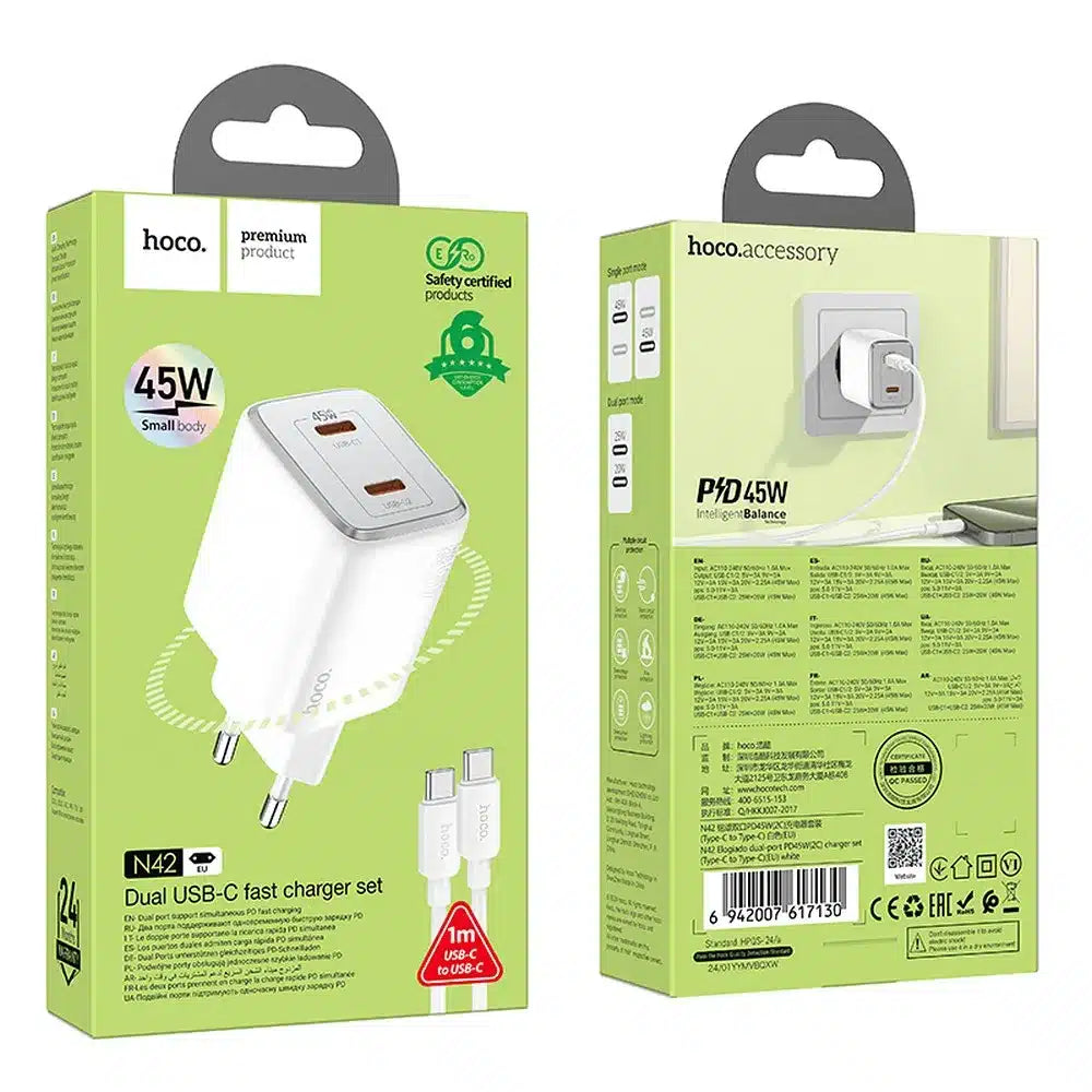 HOCO zidni punjač 2 x Type-C + kabel Type-C do Type-C PD QC 45W GaN N42 bijeli