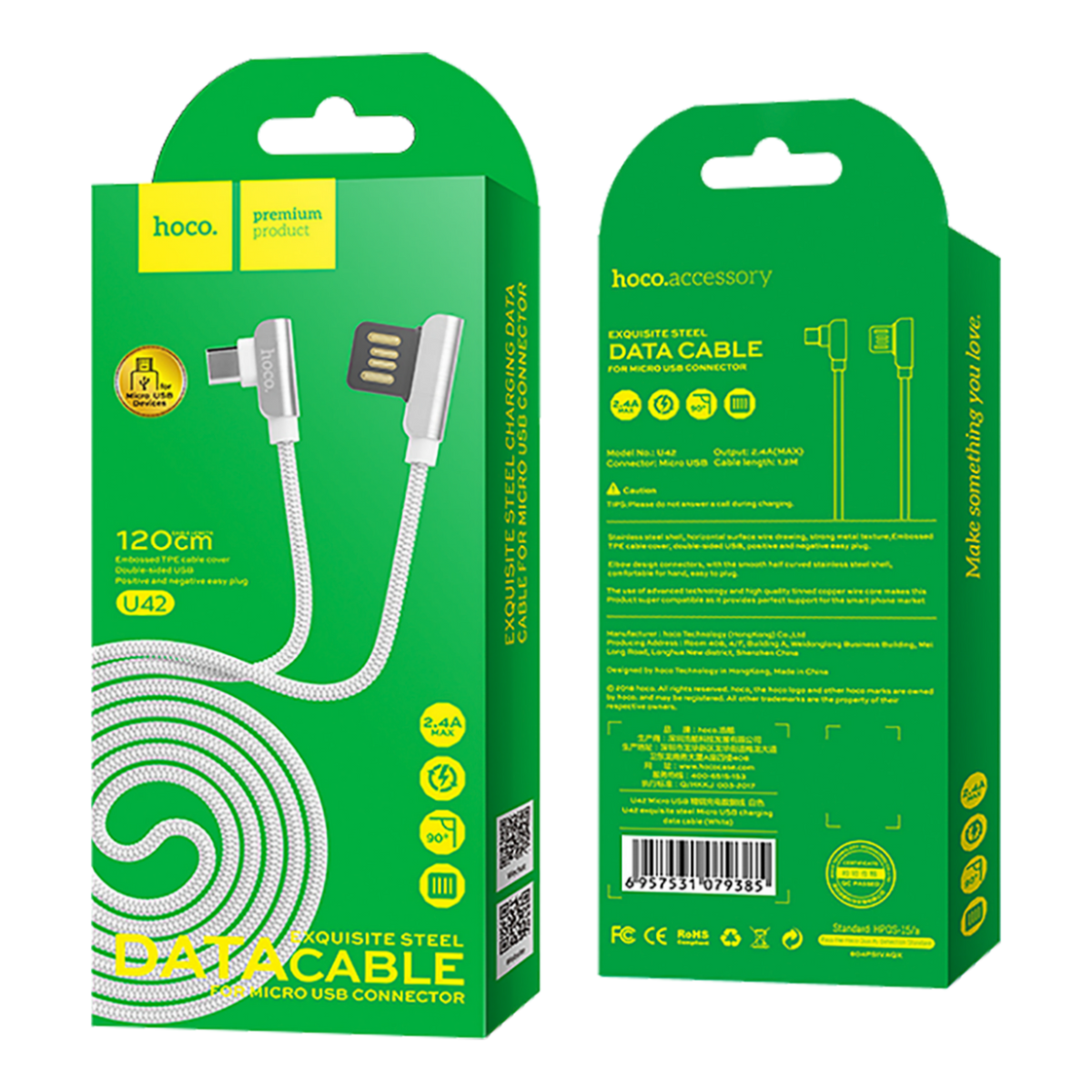 hoco. USB kabel za smartphone, micro USB, 1.2 met., 2.4 A, crna - U42 Exquisite steel, Micro USB, BK