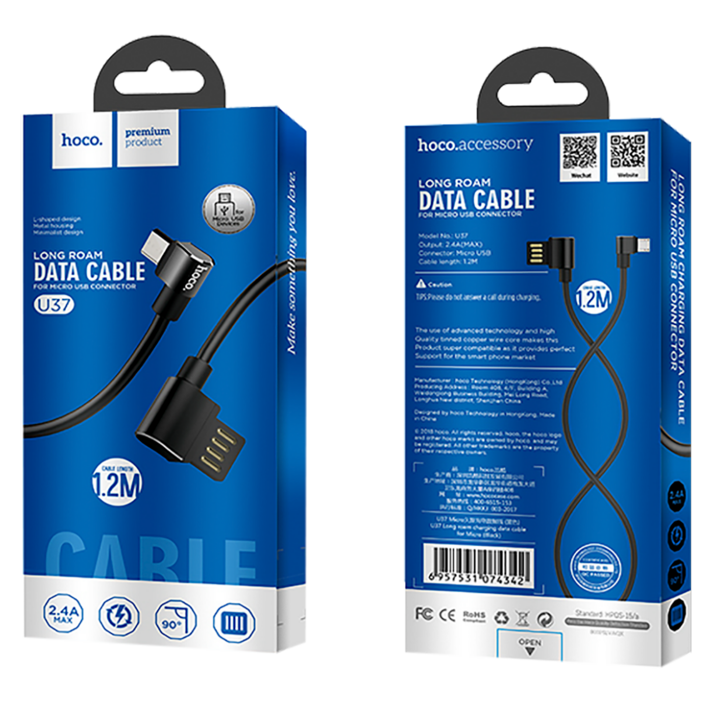 hoco. USB kabel za smartphone, micro USB, kutni 90°, 1.2 met,crna - U37 Long Roam, Micro USB , BK