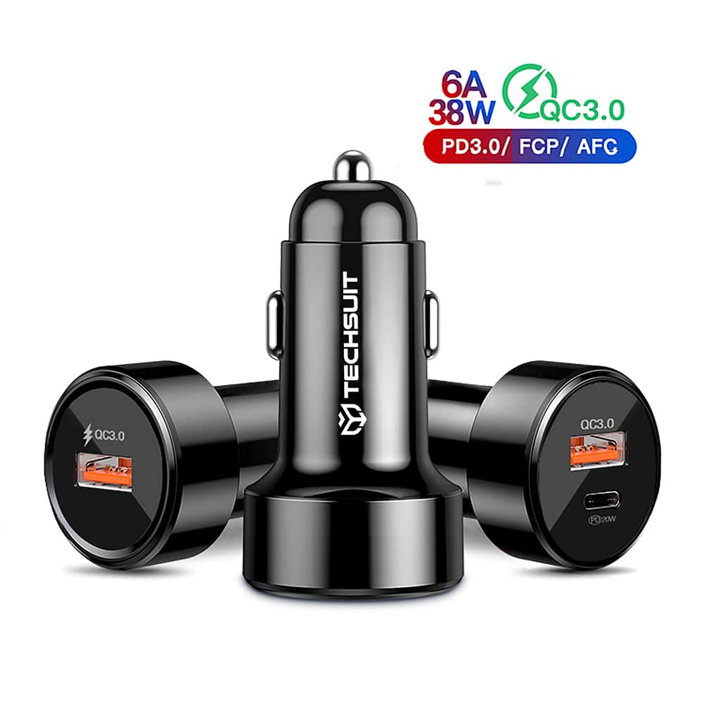 Techsuit - vrhunski auto punjač (CAPD028) - USB-A QC 3.0 i USB-C 38 W - crni