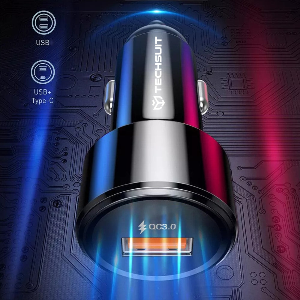 Techsuit - vrhunski auto punjač (CAPD028) - USB-A QC 3.0 i USB-C 38 W - crni