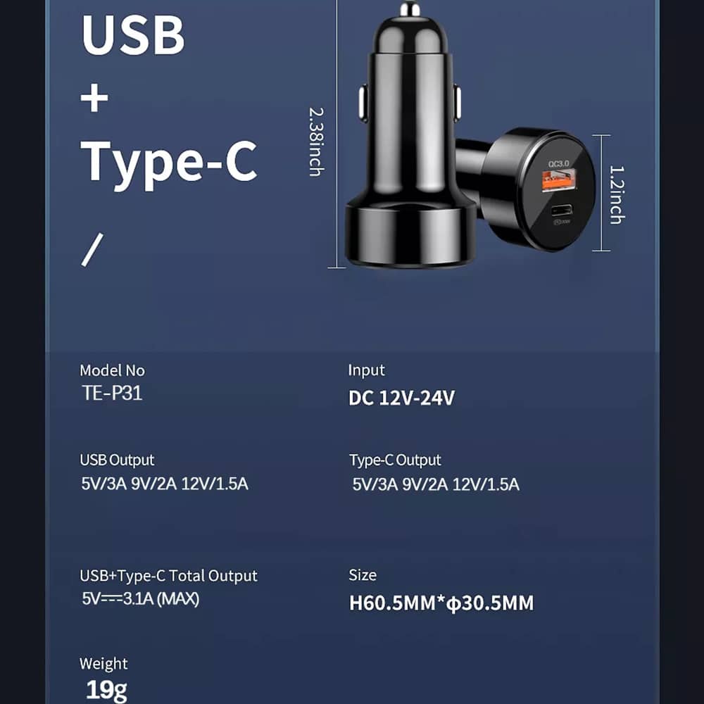 Techsuit - vrhunski auto punjač (CAPD028) - USB-A QC 3.0 i USB-C 38 W - crni
