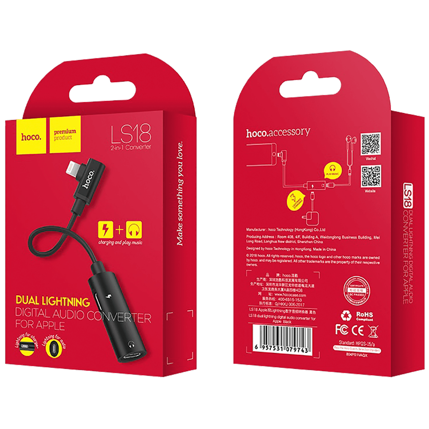 hoco. Adapter za slušalice 2in1, iPhone,Lightning na 2 x Lightning - LS18 Lightning to Lightning