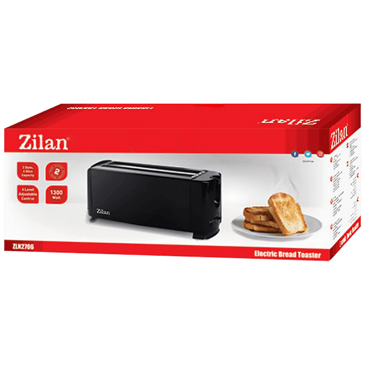 Zilan Toster, 4 šnite kruha, 6 nivoa grijanja, 1000 W, crna - ZLN2706