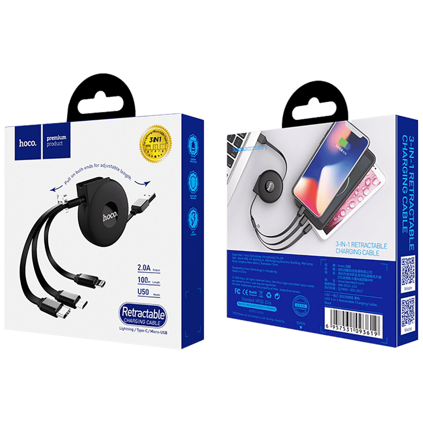 hoco. USB kabel za punjenje, 3in1, na izvlačenje, 1 met., 2 A - U50