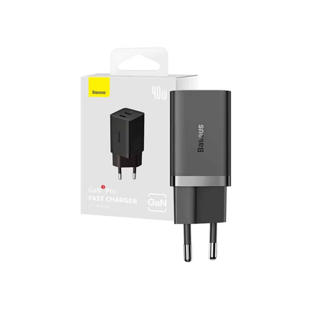 Baseus - zidni punjač (CCGP180101) - 2x Type-C - GaN - brzo punjenje - 40W - crni