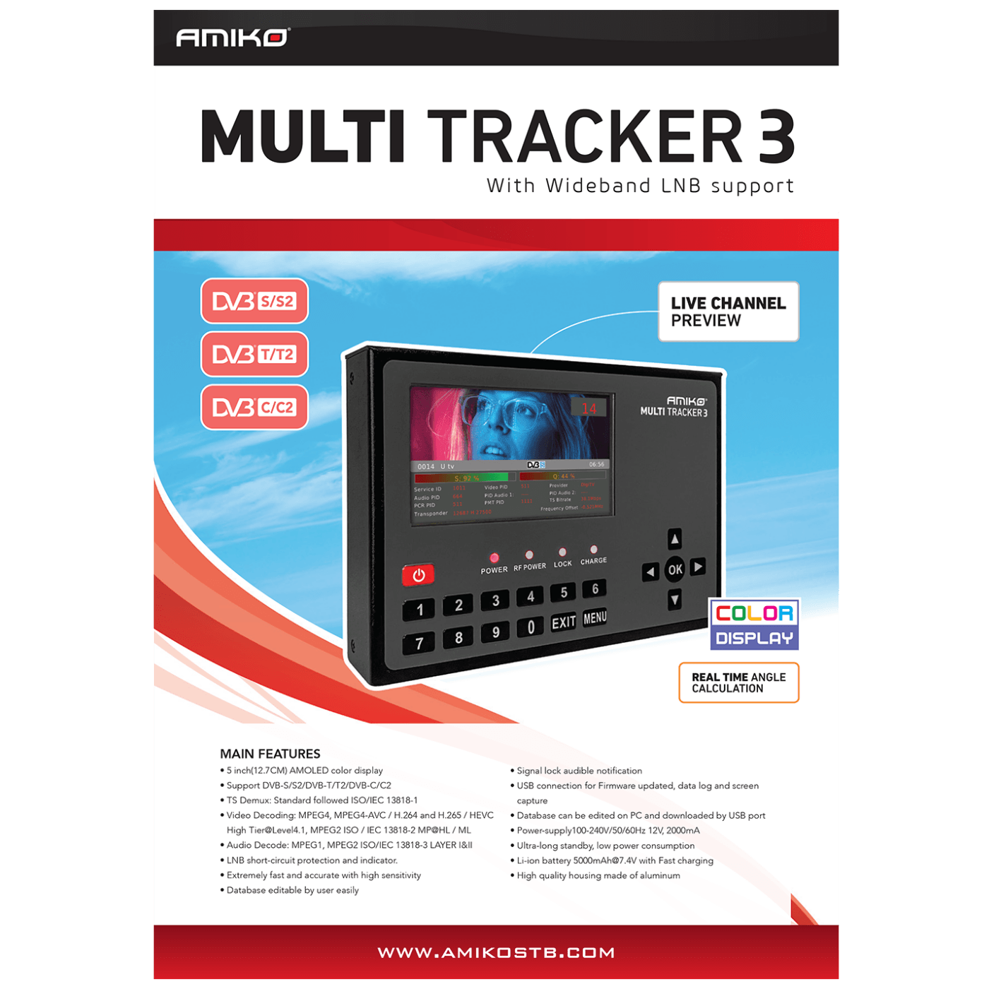 Amiko Mjerni instrument, DVB-S/S2/DVB-T/T2/DVB-C/C2, AMOLED ekran - MULTITRACKER 3