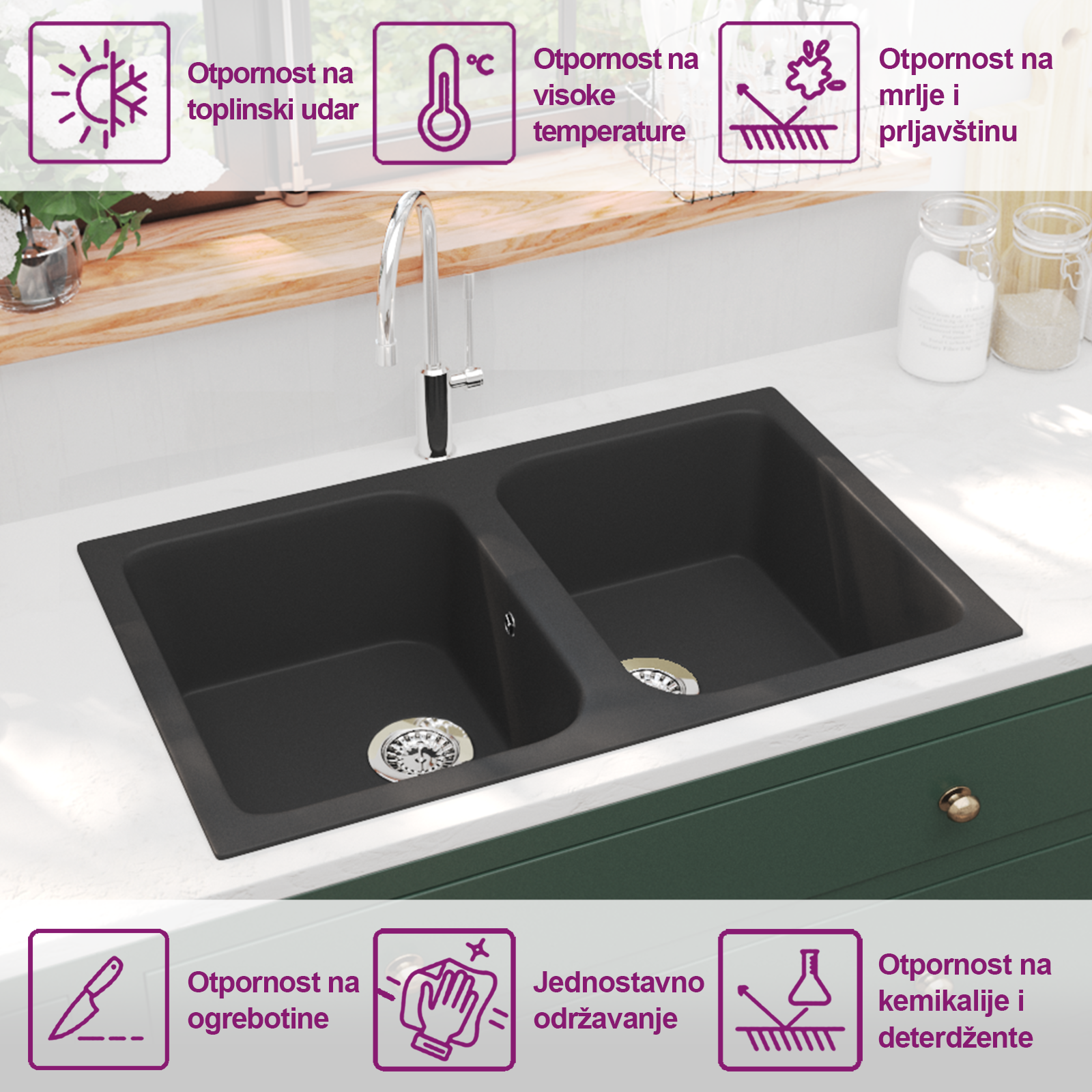 Kuhinjski umivaonik Crna 76 x 48 x 30 cm Kvarc i smola