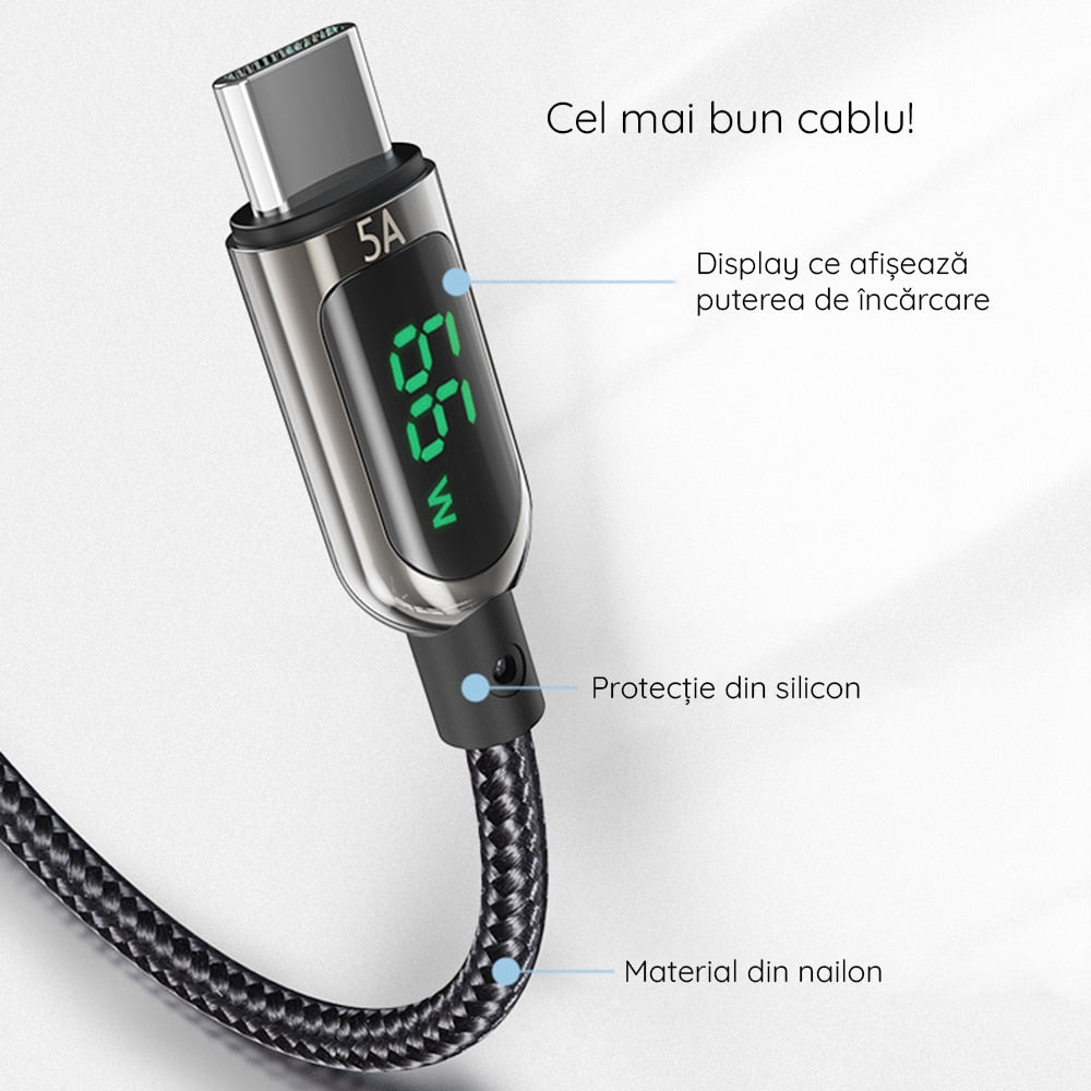 Yesido - podatkovni kabel (CA85) - USB na Type-C 66W 5A digitalni zaslon - 120 cm - crni
