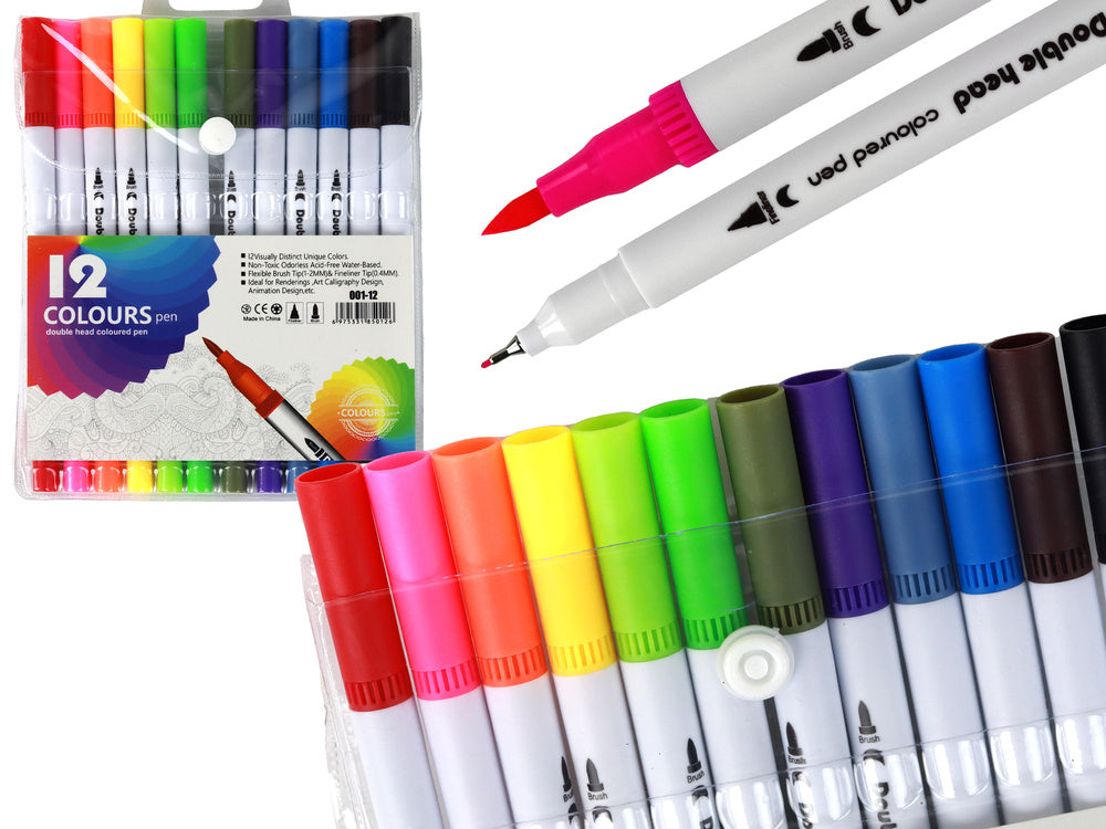 Set of 12 double-sided markers in different colors in an organizer