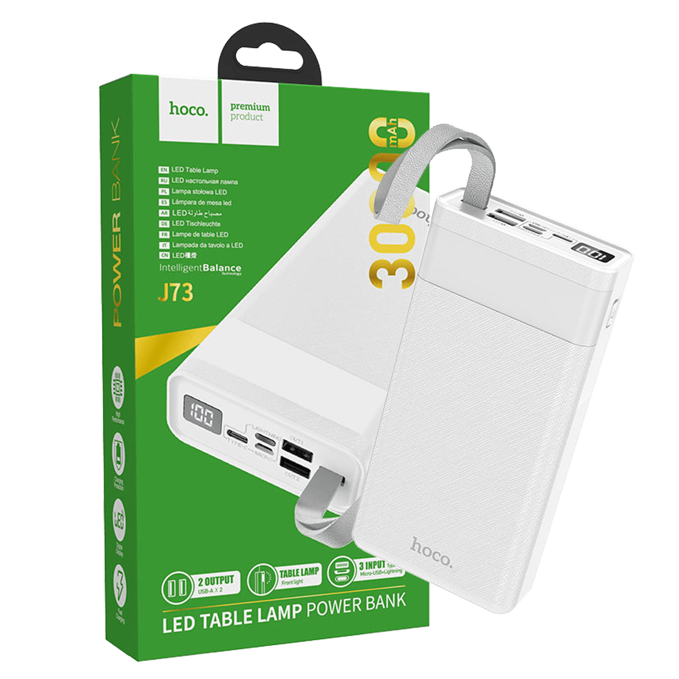 hoco. Punjač prijenosni sa lampom, Hoco j73, 30000mAh, 2A / 2A - J73 Powerful, Black
