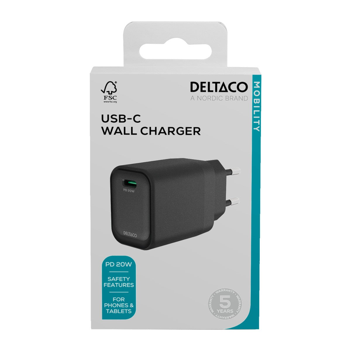 DELTACO Kućni punjač USB-C, 1x USB-C PD, 20 W, CRNI