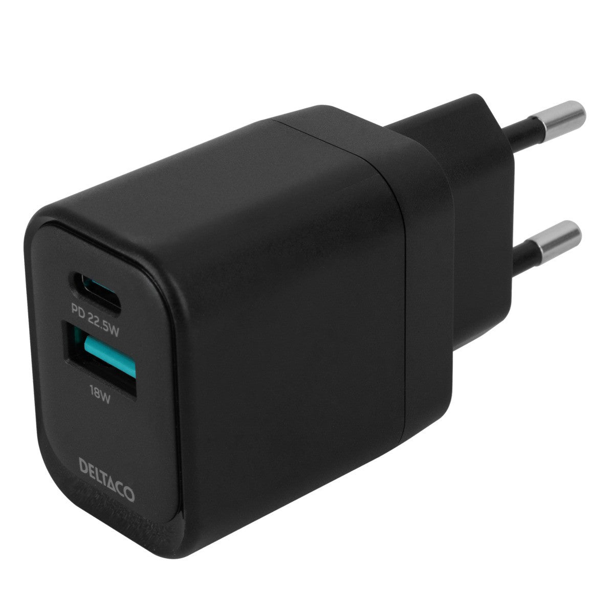 DELTACO Kućni punjač 1x USB-A 18 W, 1x USB-C PD 20 W, CRNI
