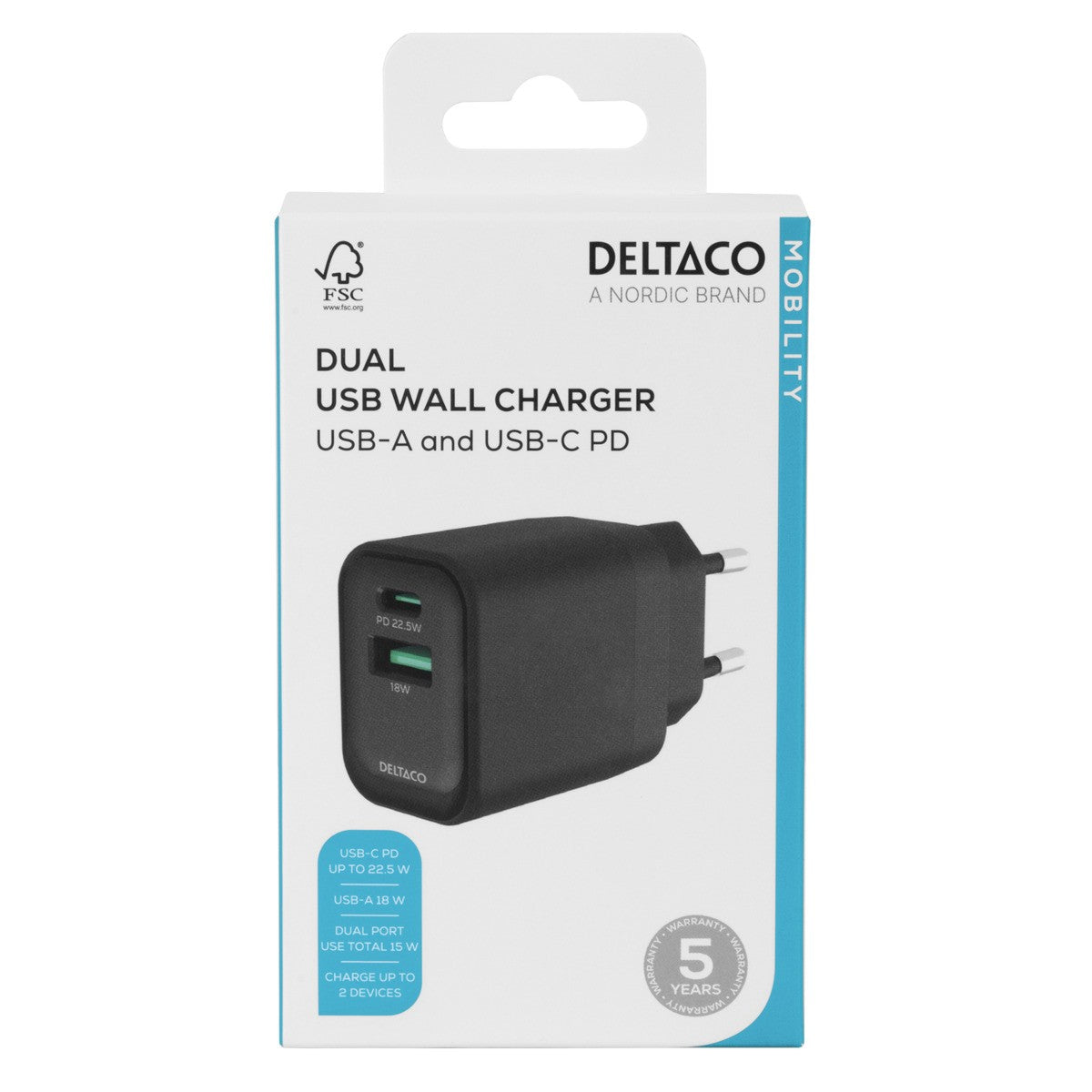 DELTACO Kućni punjač 1x USB-A 18 W, 1x USB-C PD 20 W, CRNI