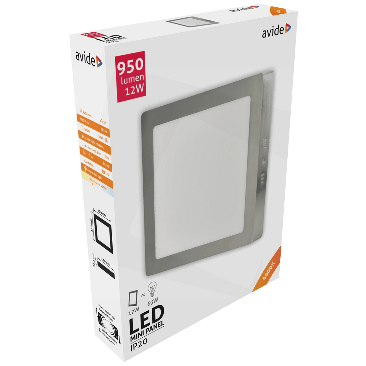 Avide Plafonjera LED, 12W, 950 lm, 4000K, IP20 - ACSMNW-S-12W-ALU-SN