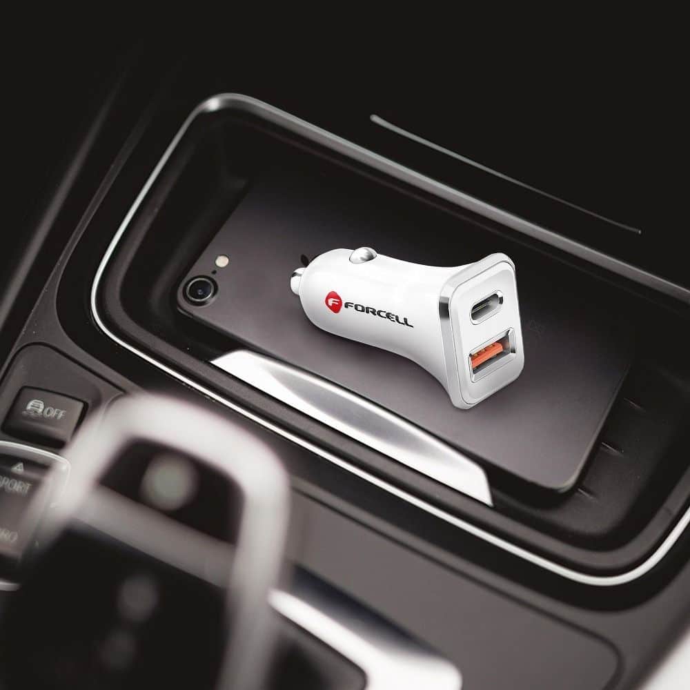 FORCELL auto punjač USB 3.0 + USB C Quick Charging + Power Delivery PD20W 4A CC-QCPD01 bijeli