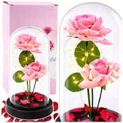 Eternal Roses in Dome with LED Lighting and Rose Petals Pink 21x11cm
