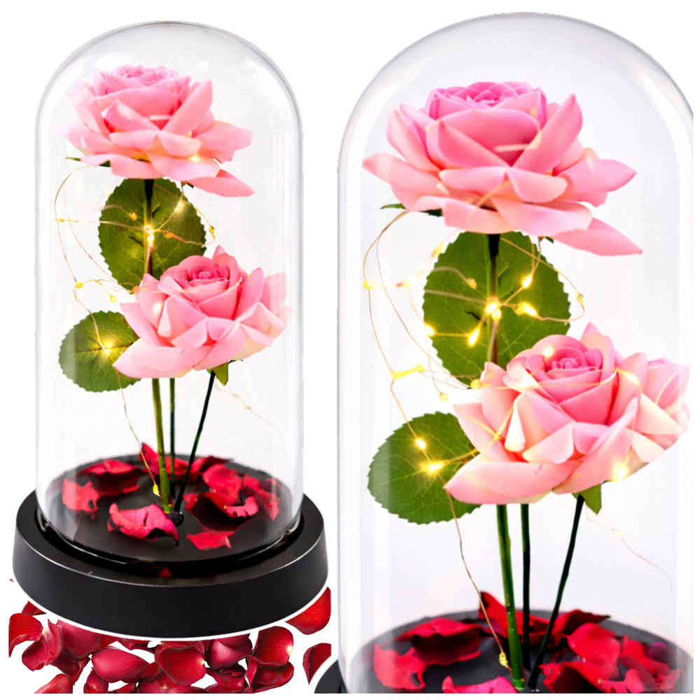 Eternal Roses in Dome with LED Lighting and Rose Petals Pink 21x11cm