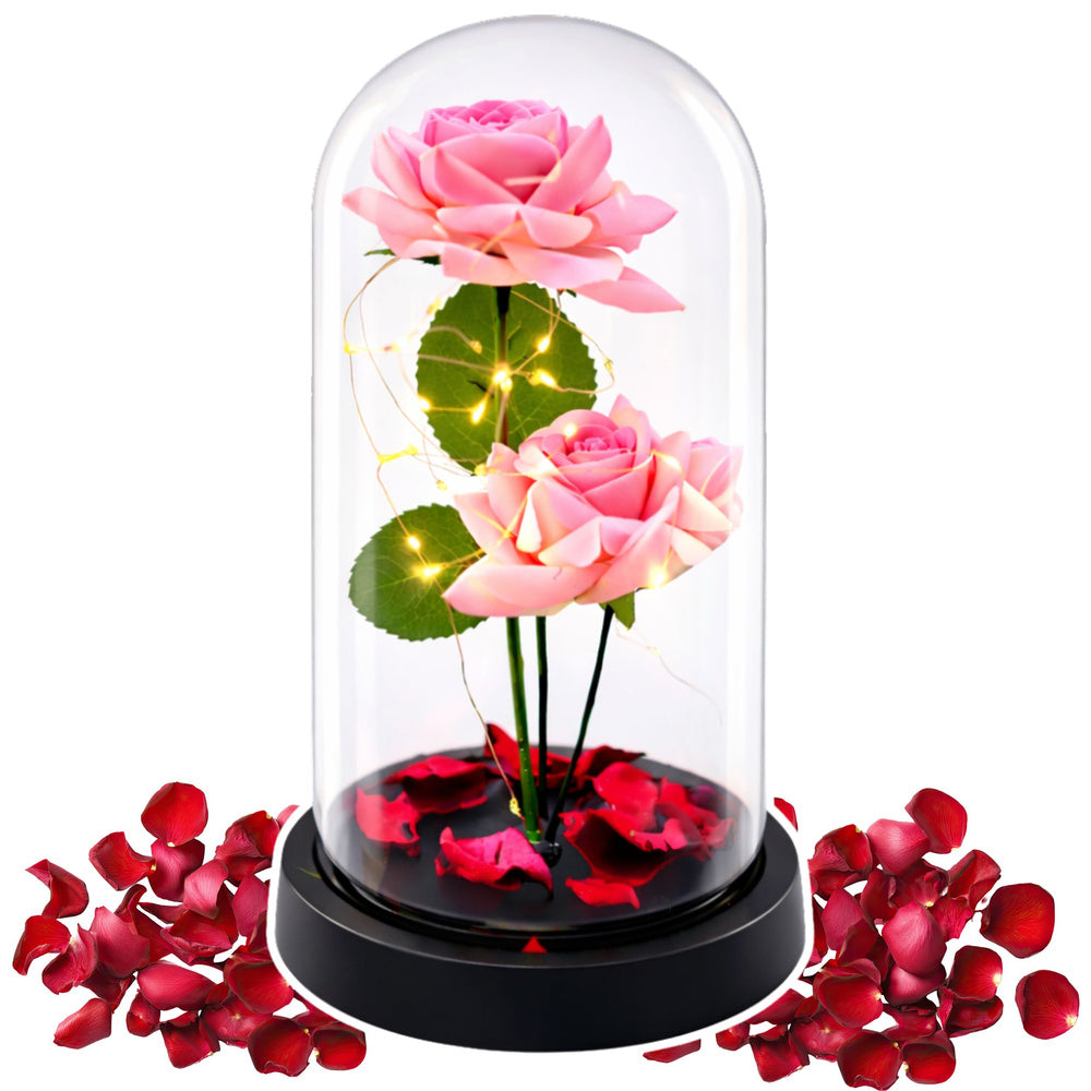 Eternal Roses in Dome with LED Lighting and Rose Petals Pink 21x11cm