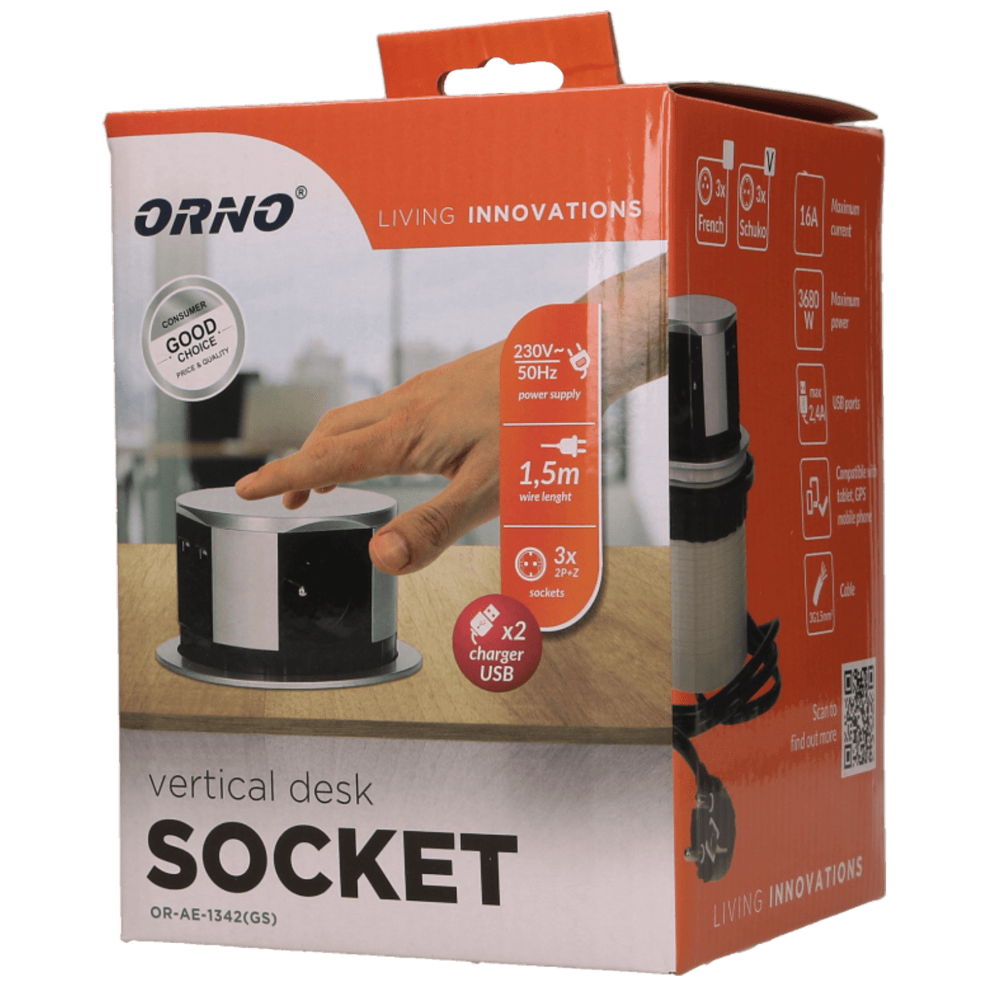 Orno Produžni kabel sa 3 x Schuko utičnice + 2 x USB, ugradbena - OR-AE-1349(GS)