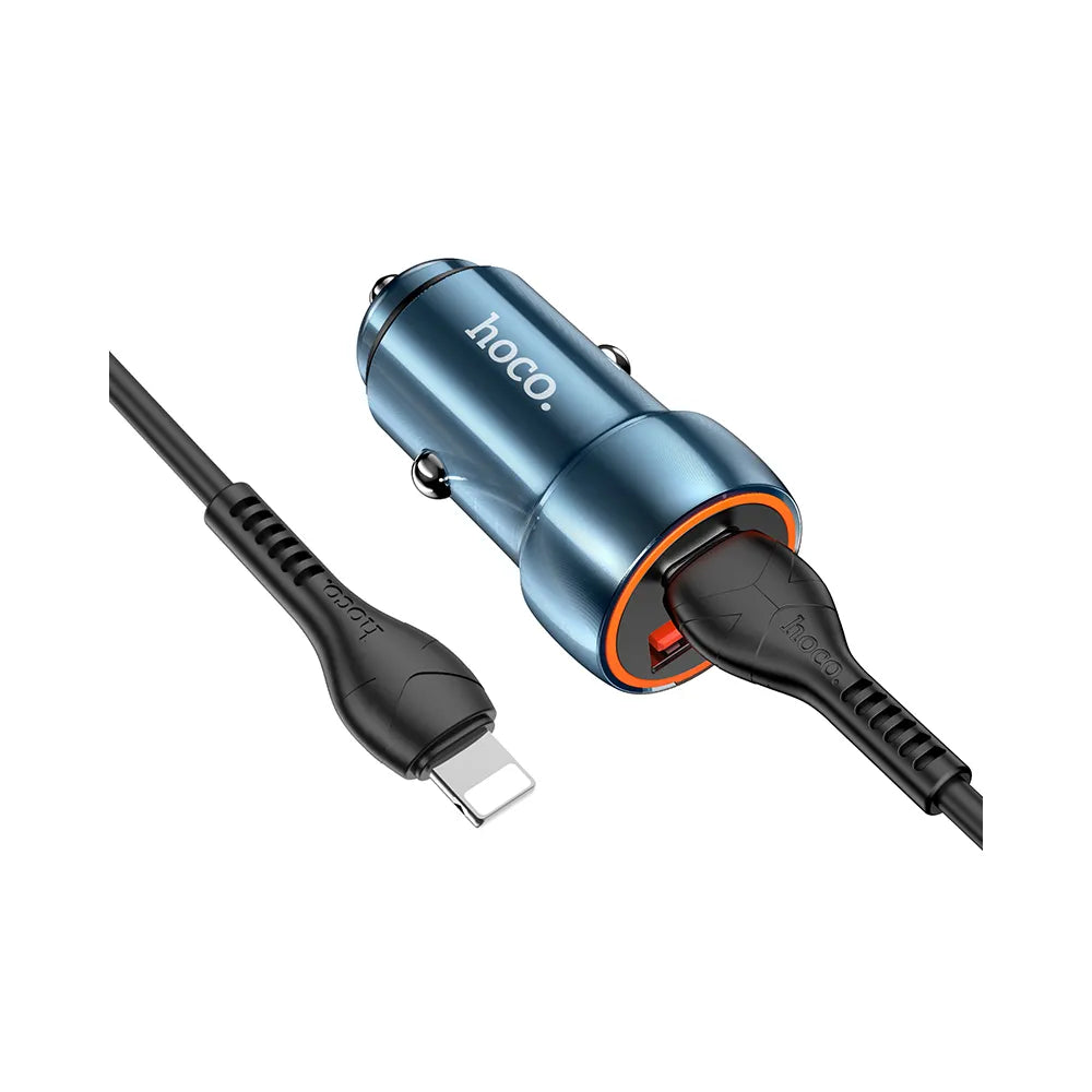 HOCO auto punjač Type C + USB QC3.0 Power Delivery 20W s kabelom za iPhone Lightning 8-pin Z46A safirno plavi