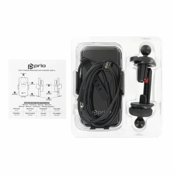Prio Fast Charge bežični auto punjač 15W (USB C) crni