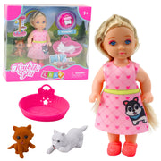 Mini lutka za igru sa psom i mačkicom, te dodacima - 12 cm - roza
