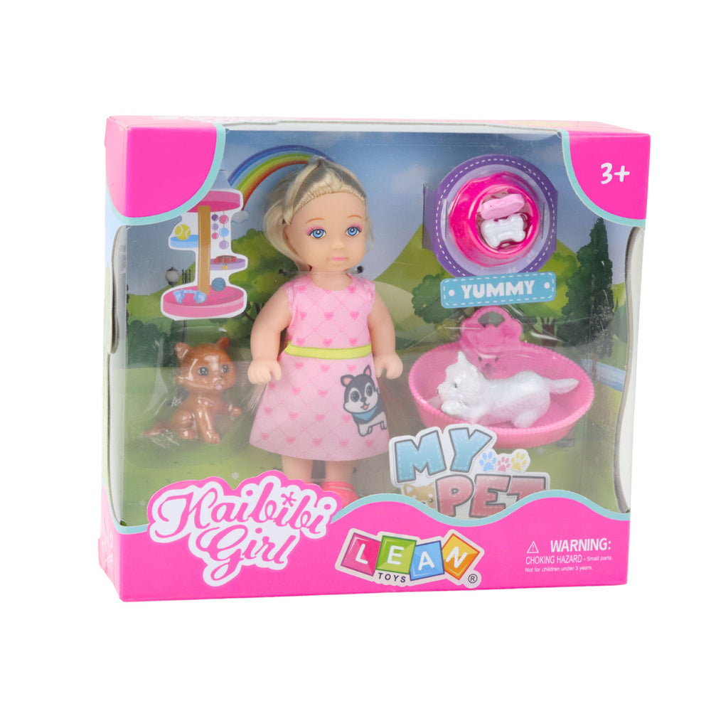 Mini lutka za igru sa psom i mačkicom, te dodacima - 12 cm - roza