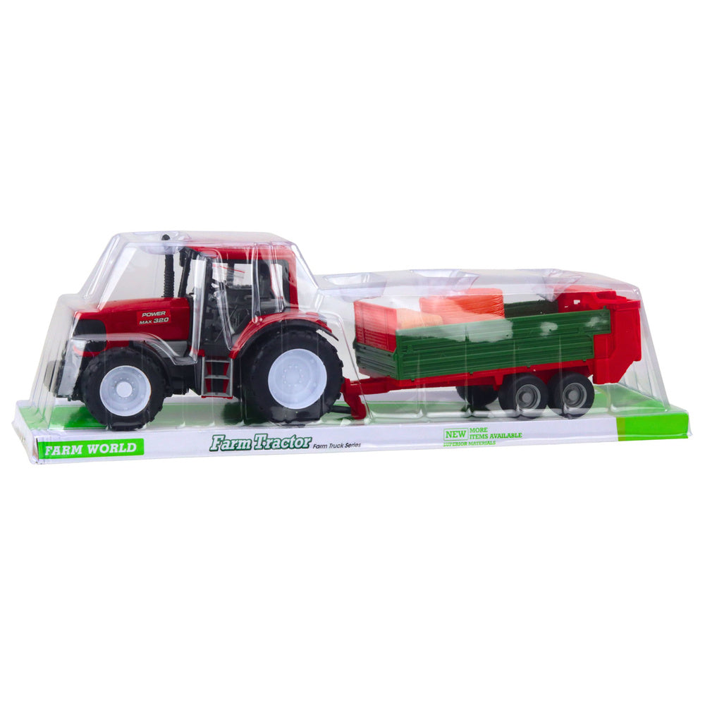 Traktor za igru sa prikolicom i balama 62 cm - crveno/zelena