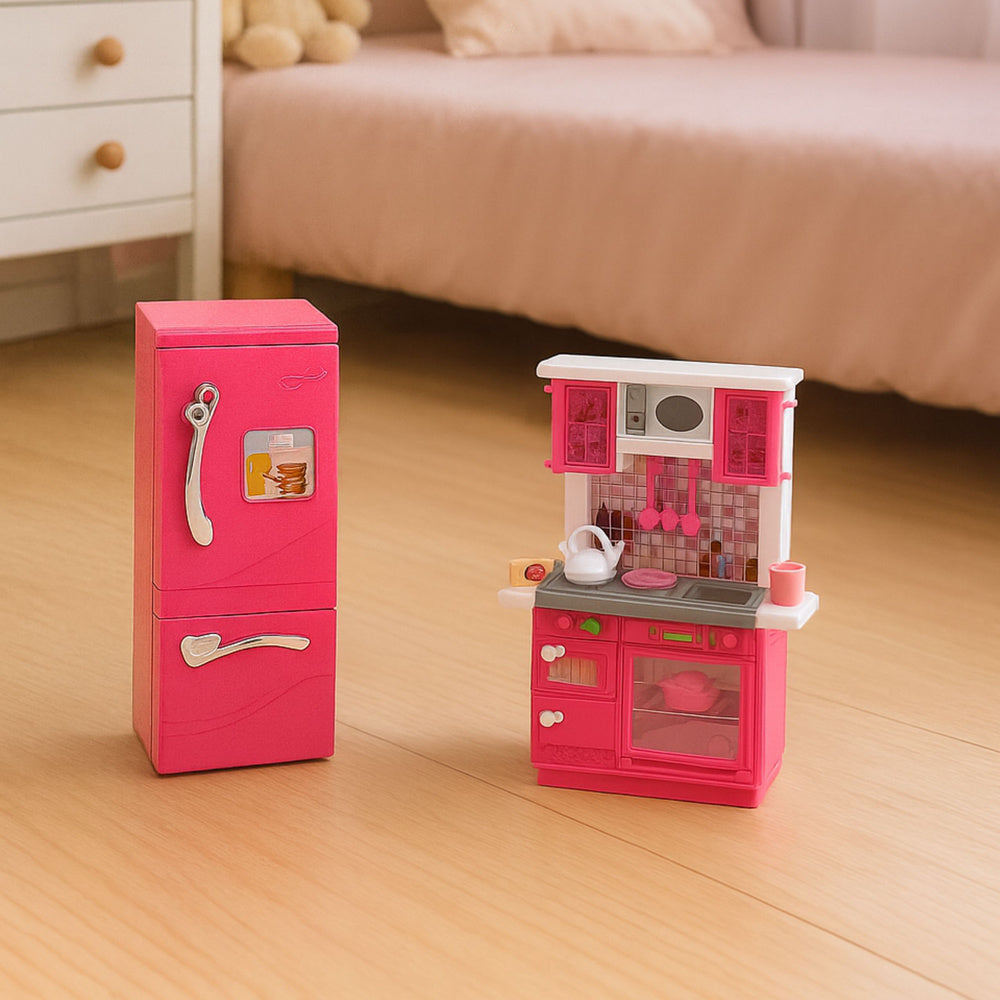 Doll Kitchen Set Fridge Oven Accessories Pink