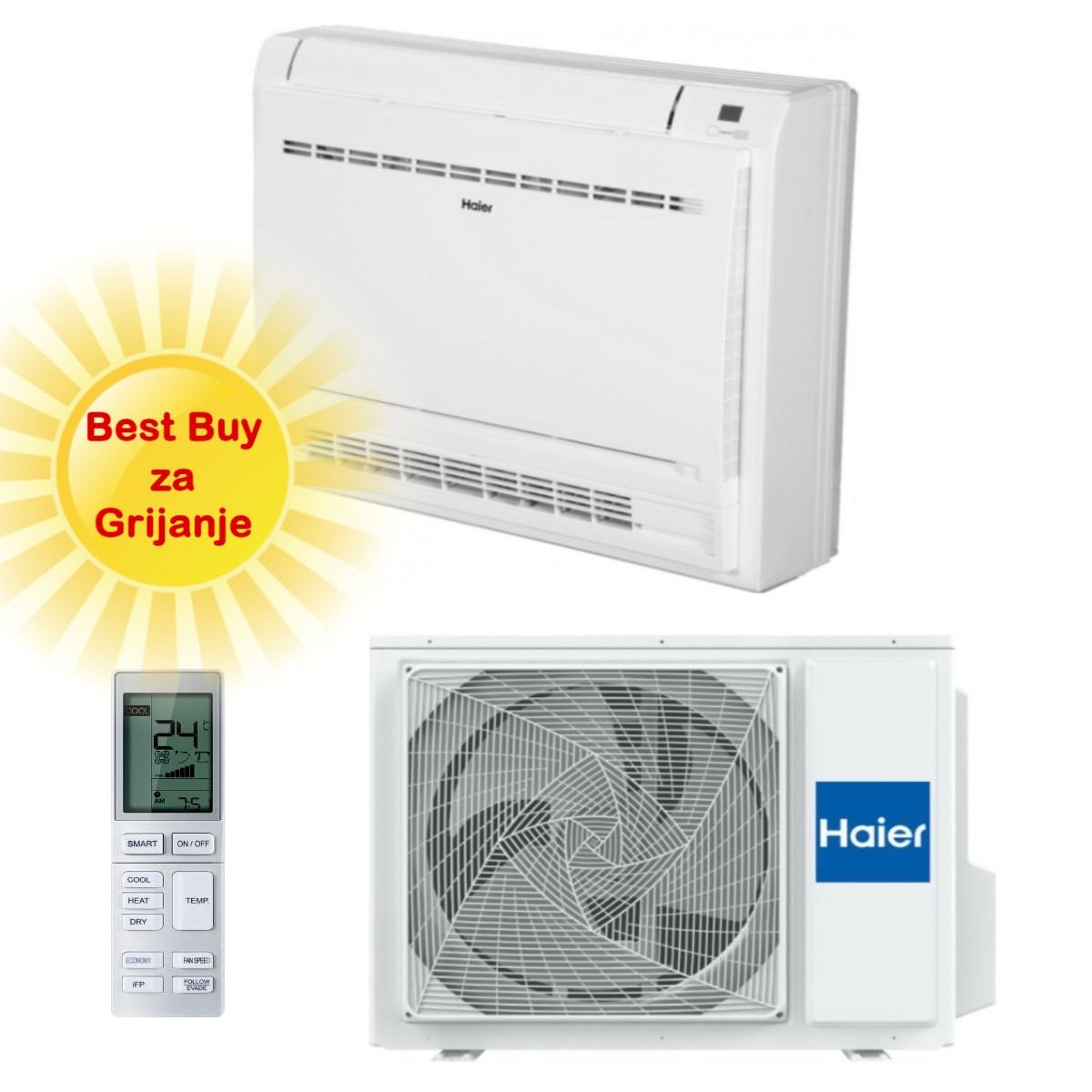 HAIER KLIMA UREĐAJ 3,4kW AF35S2SD1FA/1U35S2SM1FA - Podna/Parapetna, za prostor do 35m2, A++ energetska klasa