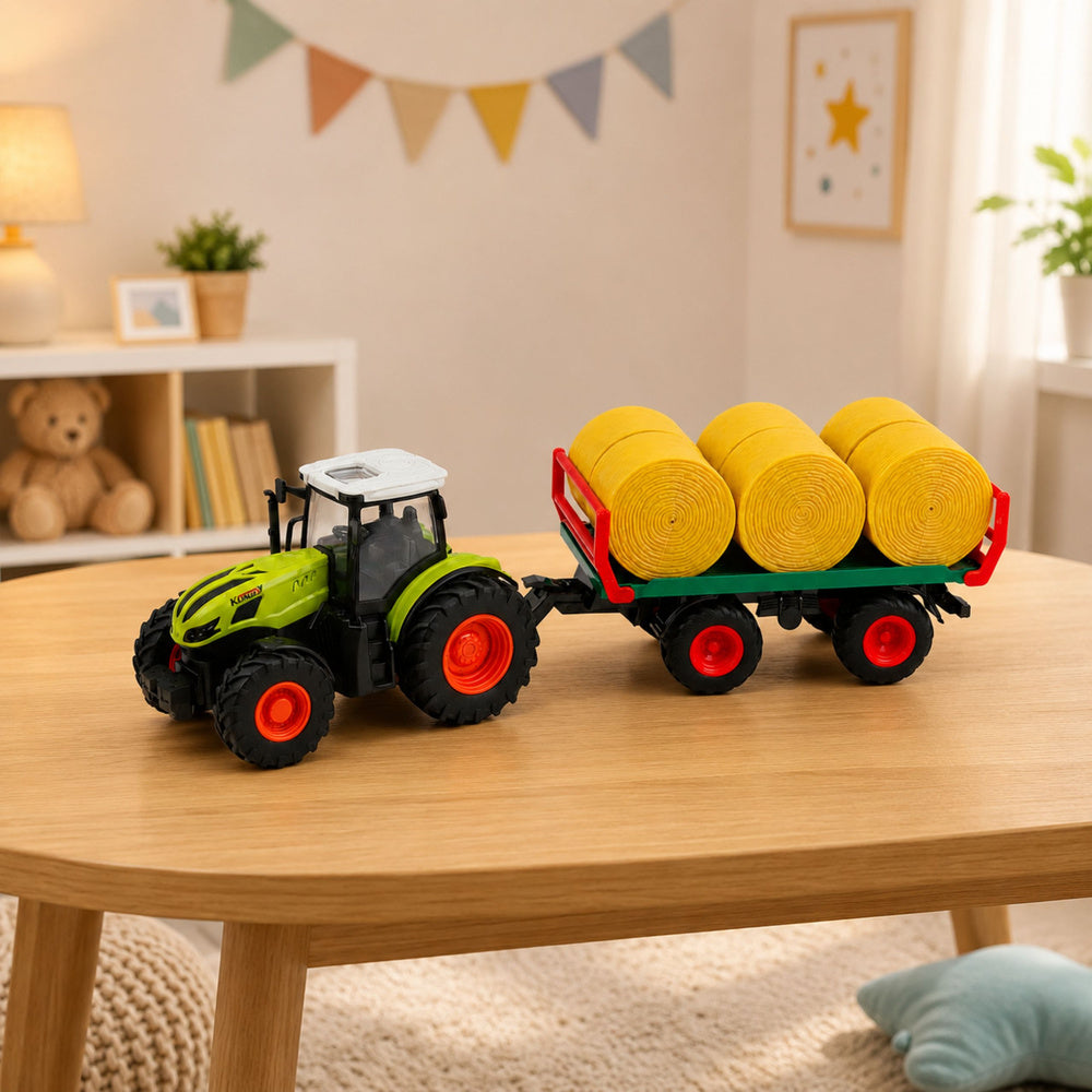 Remote Controlled RC Farm Tractor with Hay Bale Trailer and Lights 1:24
