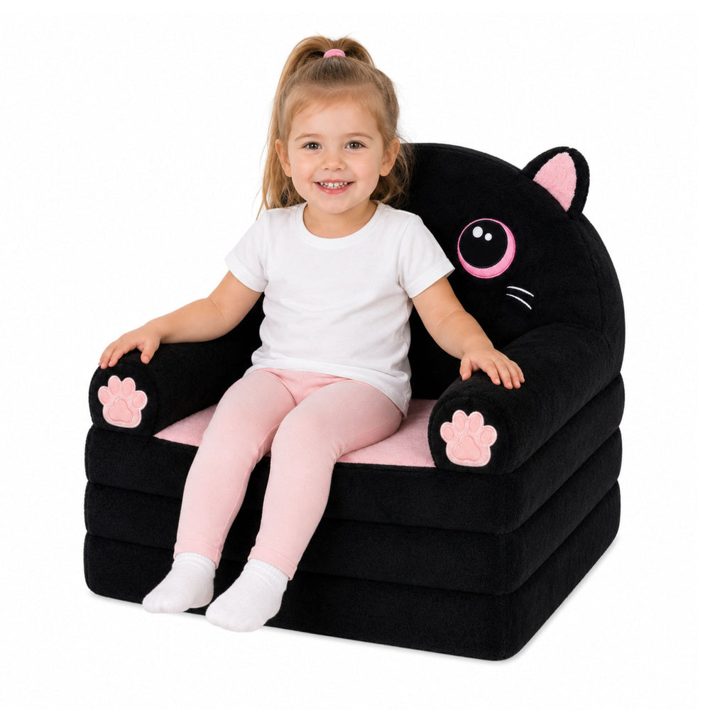 Reclining Armchair Sofa Couch Kitten 2in1 For Children Soft Plush Black
