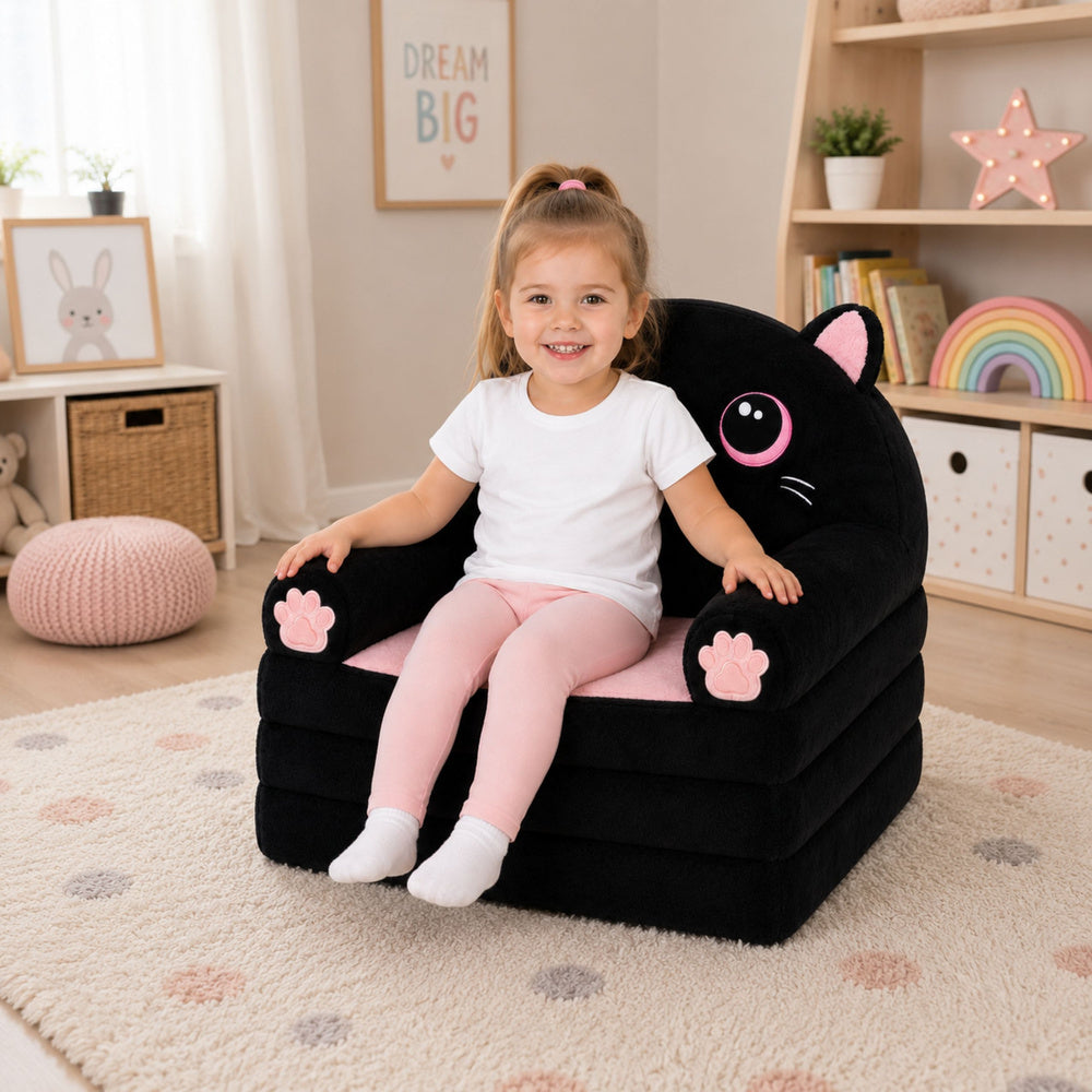 Reclining Armchair Sofa Couch Kitten 2in1 For Children Soft Plush Black