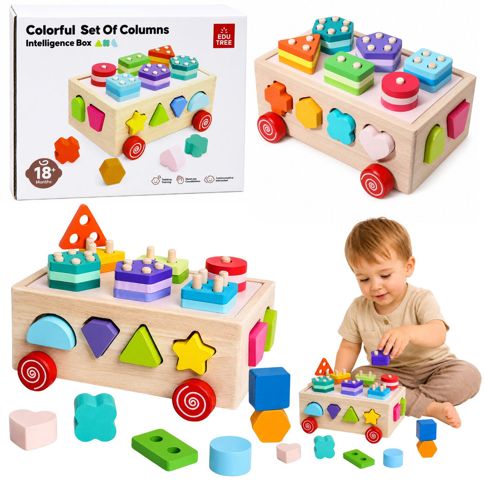 Wooden Montessori Educational Sorter on Wheels Shapes and Numbers